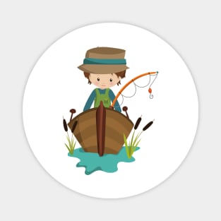 Fishing Boy, Fisherman, Fishing Rod, Brown Hair Magnet